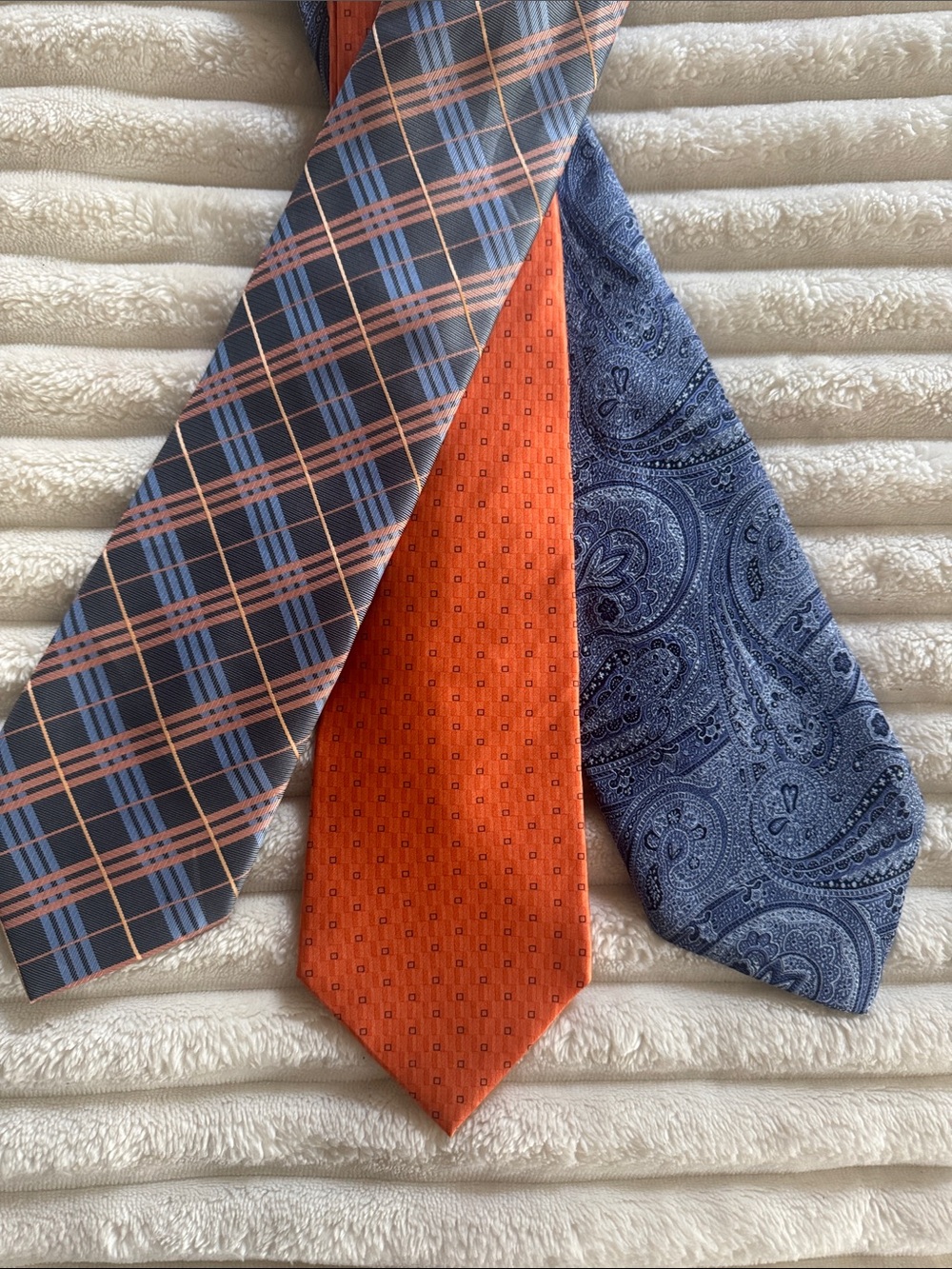 Classic Men's Tie Trio - Blue Plaid, Orange Geometric & Navy Paisley - Picture 10 of 10